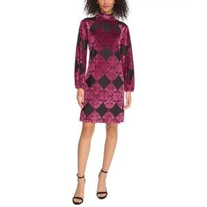 Vince Camuto Women's Burnout Velvet Balloon-Sleeve Chic Dress Black Fuchsia 10